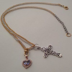 Rose gold and silver tone heart with tanzanite and cubic zirconia with chain